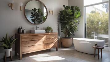 Interior of modern, white bathroom with houseplants, chest of drawers and mirror, photo