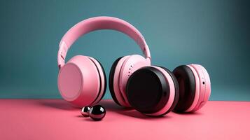 Modern wireless portable speakers and headphones on color background, photo