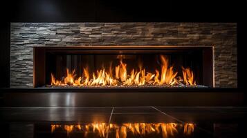 Roaring flames in a modern fireplace with shiny slate framing. photo