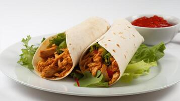 Spicy mexican chicken fajita wraps on a white plate with side serving of spicy salsa, and fresh salad. Photo has short depth of field,