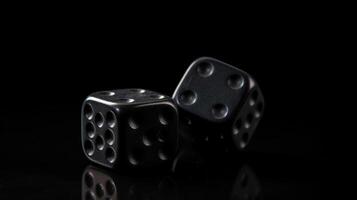 Two black rolling gambling dice on dark background - 3D illustration, photo