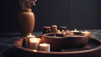 Beautiful spa composition on massage table in wellness center, photo