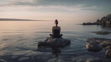 mujer meditando cerca mar. esquema de Siete chakras, ilustración, generativo ai foto