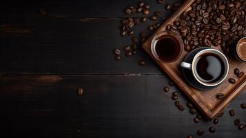 Coffee cup with roasted beans on stone background. Top view with copy space for your text photo