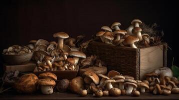 Variety of uncooked wild forest mushrooms on the table, black background. Generative ai photo