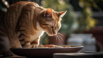 alimentación comida a hambriento gordito encantador gato o mascota y estar arriba a espera, generativo ai foto
