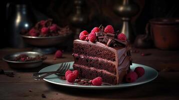Chocolate cake with raspberry on plate. Slice of cake. Raspberry cake. Wedding dessert. Black forest cake. Generative ai photo