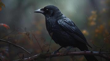 Creepy black crow croaking in scary forest, generative ai photo