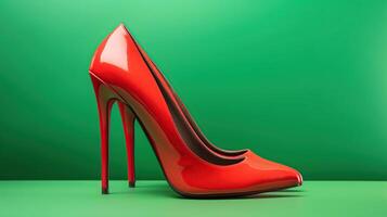 rojo alto tacones aislado en un brillante verde pastel antecedentes. un moderno y de moda zapato almacenar, generativo ai foto