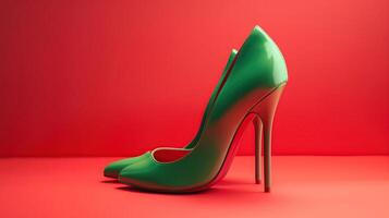 rojo alto tacones aislado en un brillante verde pastel antecedentes. un moderno y de moda zapato almacenar, generativo ai foto