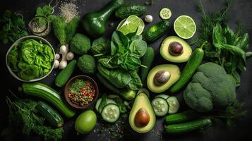 Raw healthy food clean eating vegetables on dark stone background, top view, photo