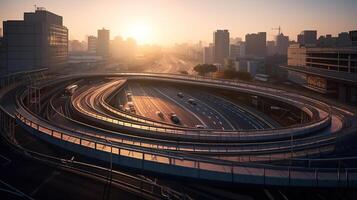 Curved ramp of a highway over streets in Osaka city of Japan at sunrise with illumination and passing road traffic, generative ai photo