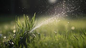 agua pulverización desde manguera en verde césped al aire libre, de cerca, generativo ai foto