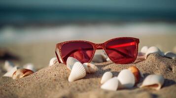 Sunglasses lying on tropical sand beach. party. white towel on desk and red glasses with seashells. Sunglasses on the beach. photo