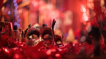 Venetian Masks On Red Glitter With Shiny Streamers On Abstract Defocused Bokeh Lights - Carnival Party. photo
