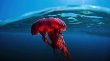 rojo Medusa bailando en el azul Oceano agua, fauna silvestre, generativo ai foto