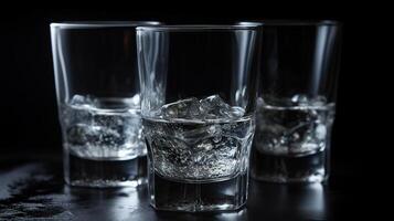 Vodka. Shots, glasses with vodka with ice. Dark background. photo
