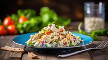 azul plato con sabroso pollo ensalada y medición cinta en de madera mesa, generativo ai foto