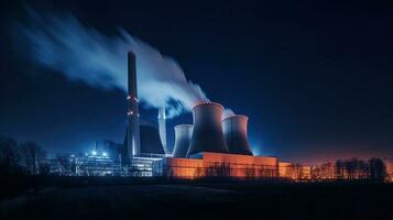 A large brown coal power station with night blue sky and steam, generative ai photo