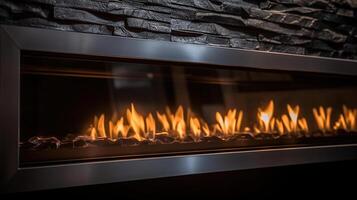 Roaring flames in a modern fireplace with shiny slate framing. photo