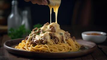 Pouring tasty cheese sauce into spaghetti with meat on wooden table, closeup, generative ai photo