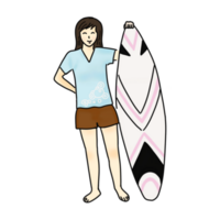 Jeune femme avec planche de surf debout. png