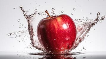 Fresco rojo manzana y chapoteo de agua en blanco fondo, generativo ai foto