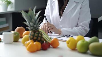 nutricionista trabajando a escritorio en oficina, de cerca vista, generativo ai foto