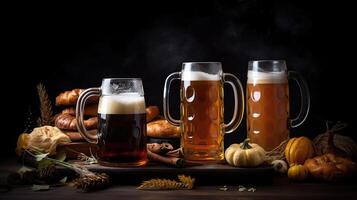 Mugs of fresh beer and traditional food on dark background, closeup. Oktoberfest celebration, generative ai photo