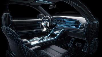 Wireframe of modern car with hi tech user interface details in dark environment, photo