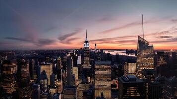 increíble panorama ver de nuevo York ciudad horizonte y rascacielos a atardecer, generativo ai foto