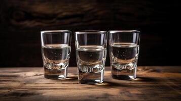 Vodka in shot glasses on rustic wood background, photo