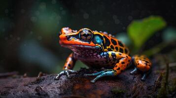 Colorful frog perched on a tree at the edge of water showing reflection in the water with blur background, generative ai photo