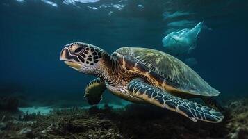 el plastico contaminación en Oceano - Tortuga nadar lado el plastico bolso - ambiental problema, generativo ai foto