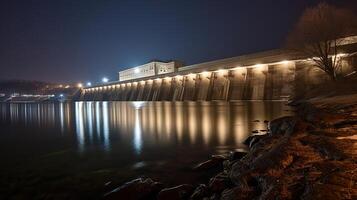 View of the hydroelectric power plant on the river, dusk, long exposure, photo