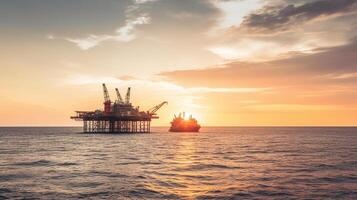 costa afuera petróleo y plataforma plataforma en puesta de sol o amanecer tiempo. construcción de producción proceso en el mar. poder energía de el mundo, generativo ai foto