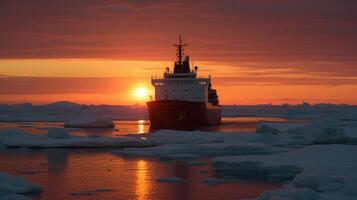 Romper el hielo buque en ártico con antecedentes de atardecer, generativo ai foto