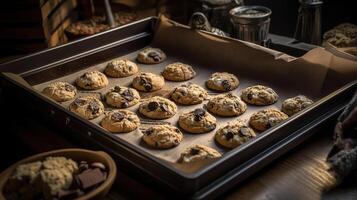 recién horneado galletas en bandeja, generativo ai foto