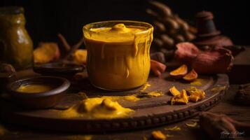 Haldi turmeric paste closeup capture, photo