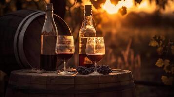 Red wine bottle and wine glass on wodden barrel, photo