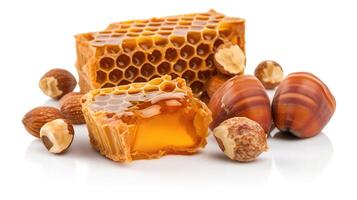 Hazelnuts and honeycomb isolated on white background. Package design element with clipping path, generative photo