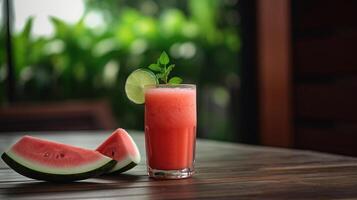 Glass of freshly made watermelon juice with lime and mint on wooden table outdoors, photo