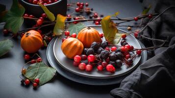 Closeup view of seasonal table setting with autumn leaves, pumpkins and ashberries on grey background, photo