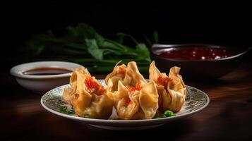 Wonton - Oriental deep fried wontons filled with prawn and spring onion, served with dumpling and chili sauces, generative ai photo