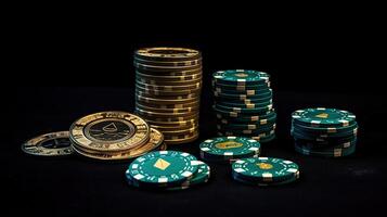 Bitcoin gold coin with poker chips on a green poker table against black background. Blockchain casino. Online gambling, photo