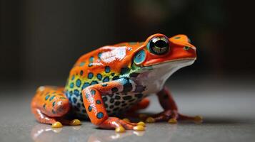 Colorful frog perched on a stone at the edge of water showing reflection in the water with dark background, photo