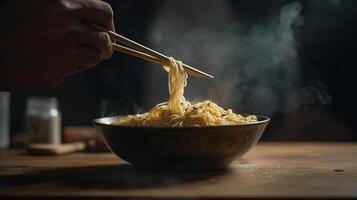 Hand uses chopsticks to pickup tasty noodles with steam and smoke in bowl on wooden background, selective focus. Asian meal on a table, junk food concept, photo