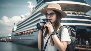 Tourist girl with backpack and hat standing in front of big cruise liner, photo