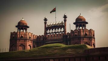 sitio patrimonio mundo un cielo temperamental con puesta de sol a alto volador bandera India con Delhi fuerte rojo, generativo ai foto