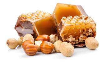 Honeycomb and multiple hazelnuts isolated on white background. Honey and nuts. Package design element with clipping path, photo